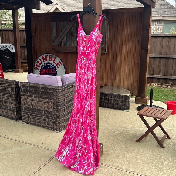 Hard to find! Jovani 3263 Prom dress. HOT PINK/IRIDESCENT, size 00 - Picture 2 of 7